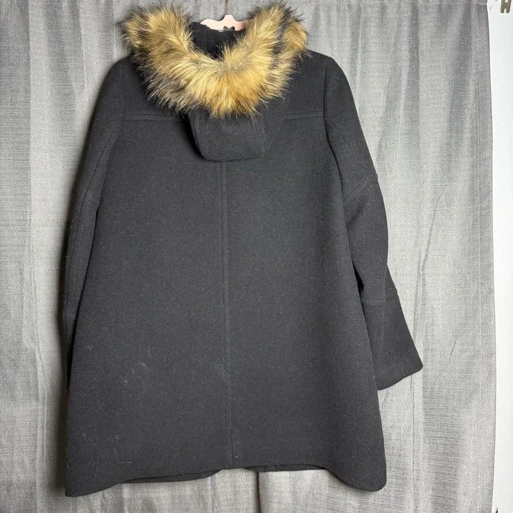 J. Crew Stadium Cloth Coat Size 6 Black Chateau Italian Wool Parka Hood Faux Fur